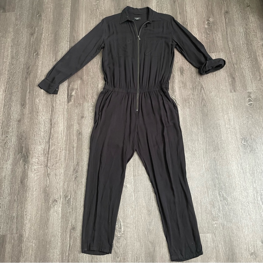 LOFT Black Long-Sleeve Zip-Front Jumpsuit